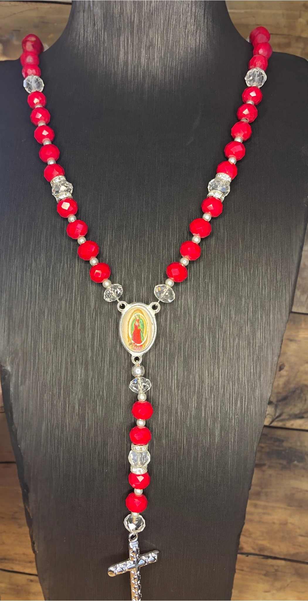 20” Red and Clear Virgin Mary Rosary
