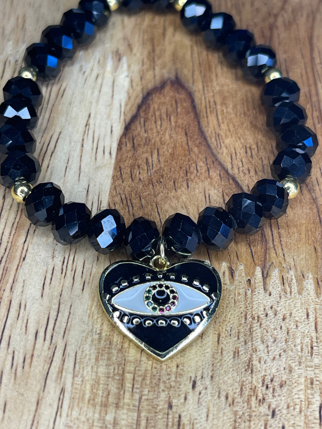 8” Round Black and Gold Evil Eye Bracelet